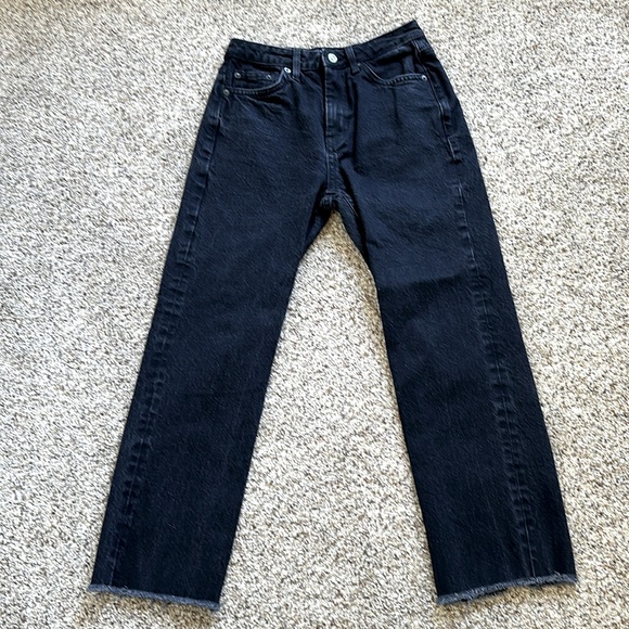 Topshop Black Straight Leg Jeans W 28 L 32 Raw Hem Zip & Button Closure - Picture 1 of 9